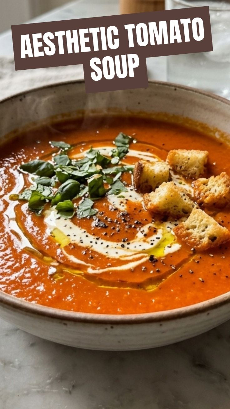 A bowl of rich tomato soup, perfectly blended and garnished.
