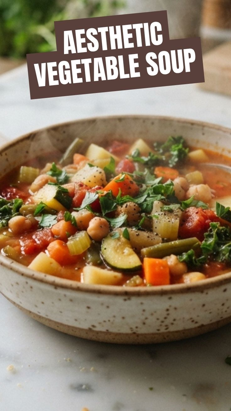 A steaming bowl of hearty vegetable soup, rich with fresh ingredients