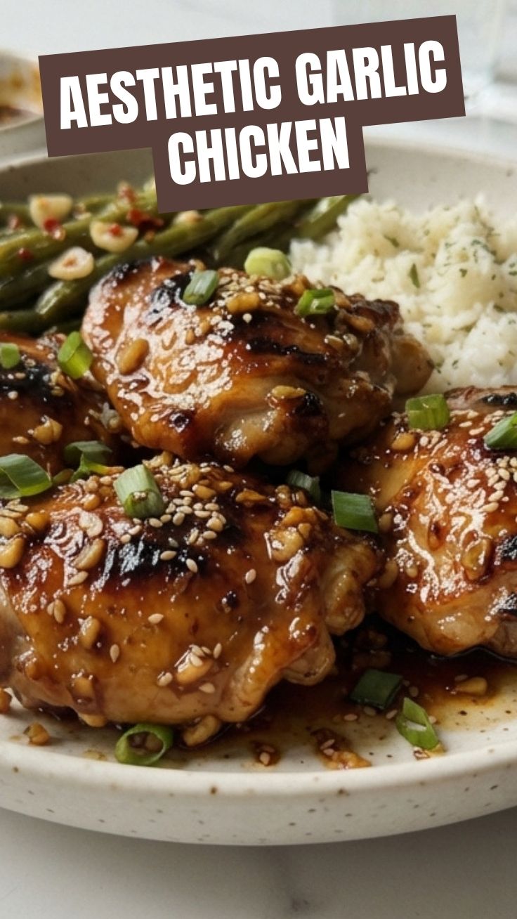 Close-up of succulent honey garlic chicken glazed to perfection, garnished with herbs.