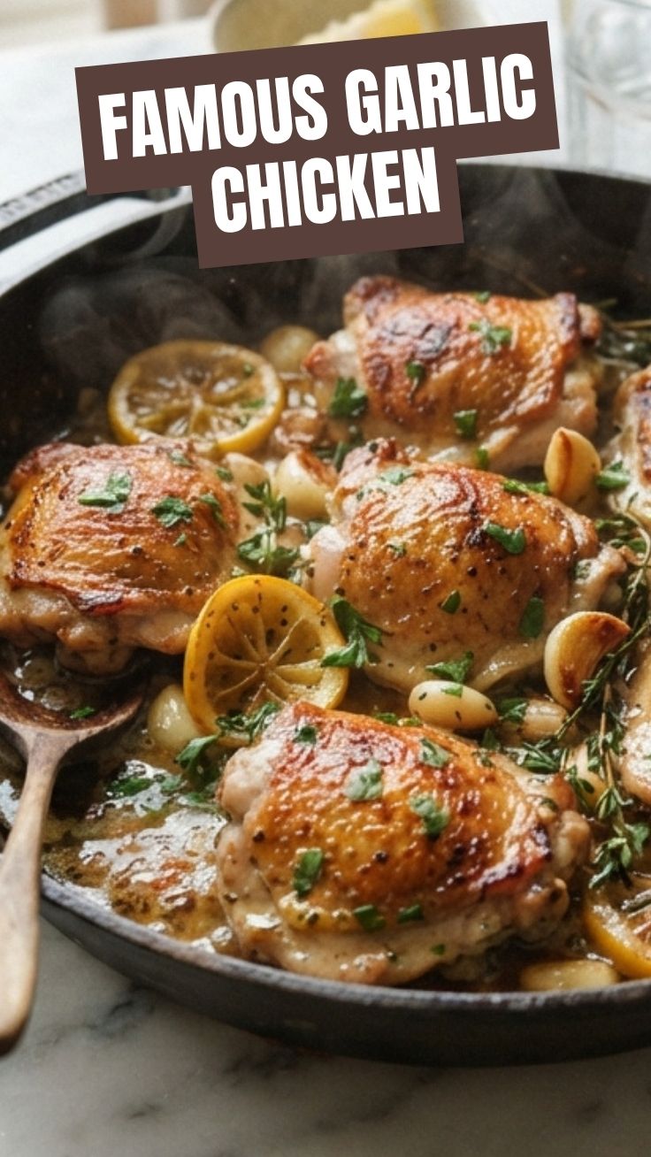 A serving of perfectly roasted lemon garlic chicken, golden-brown and glistening.