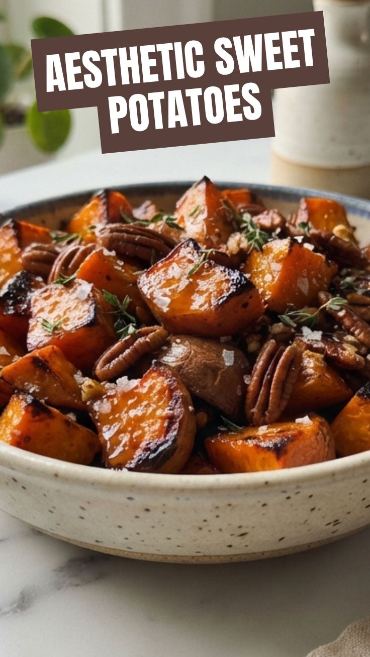 Perfectly roasted sweet potatoes glazed with maple syrup in a bowl.