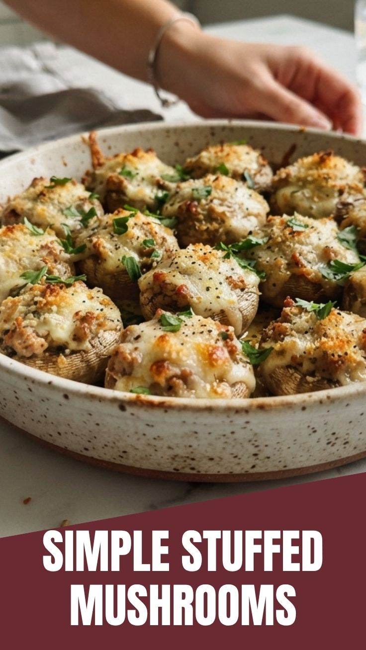 A platter of perfectly baked stuffed mushrooms, golden brown and garnished with fresh herbs.