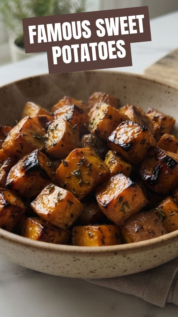A close-up of perfectly roasted sweet potatoes with caramelized edges.