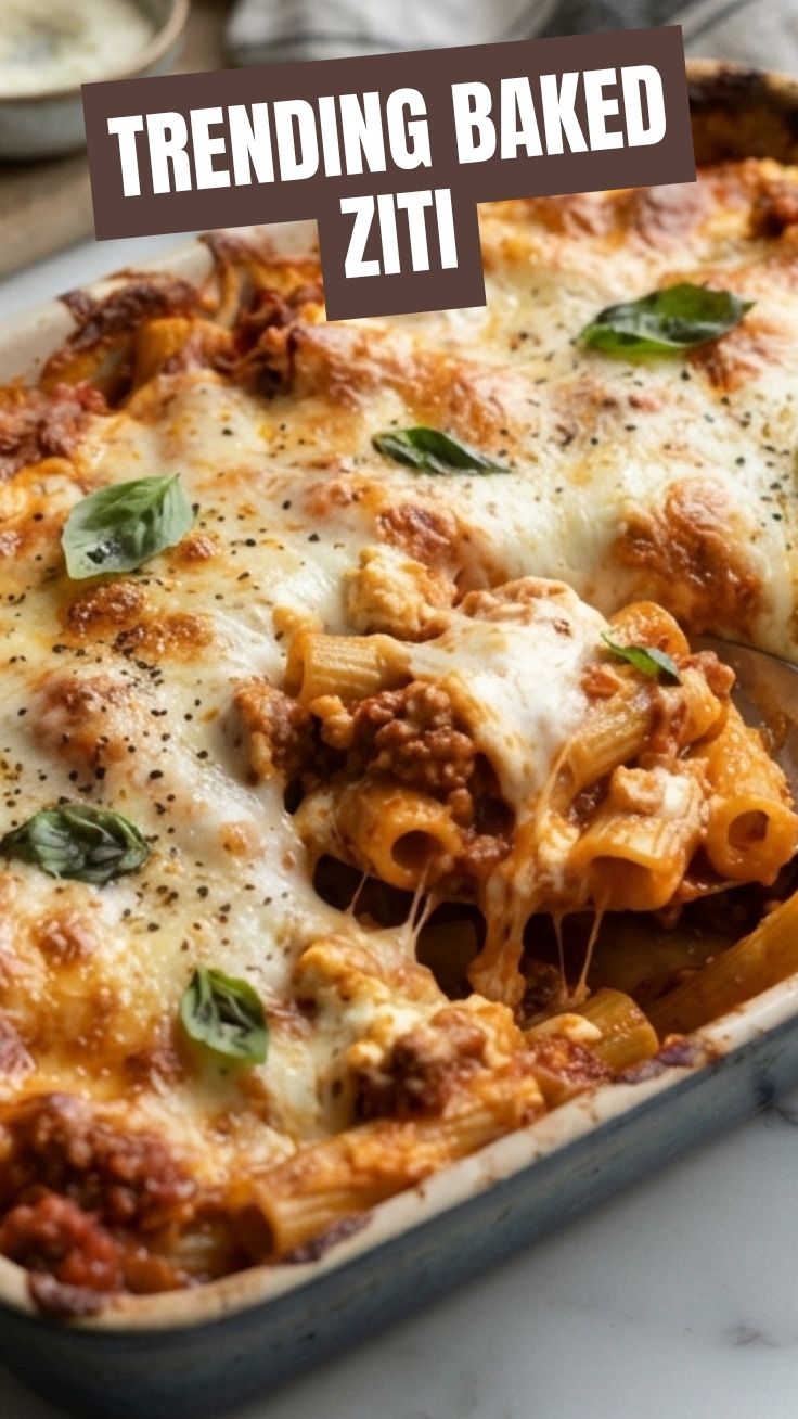 A bubbling dish of savory baked ziti, rich with sauce and cheese