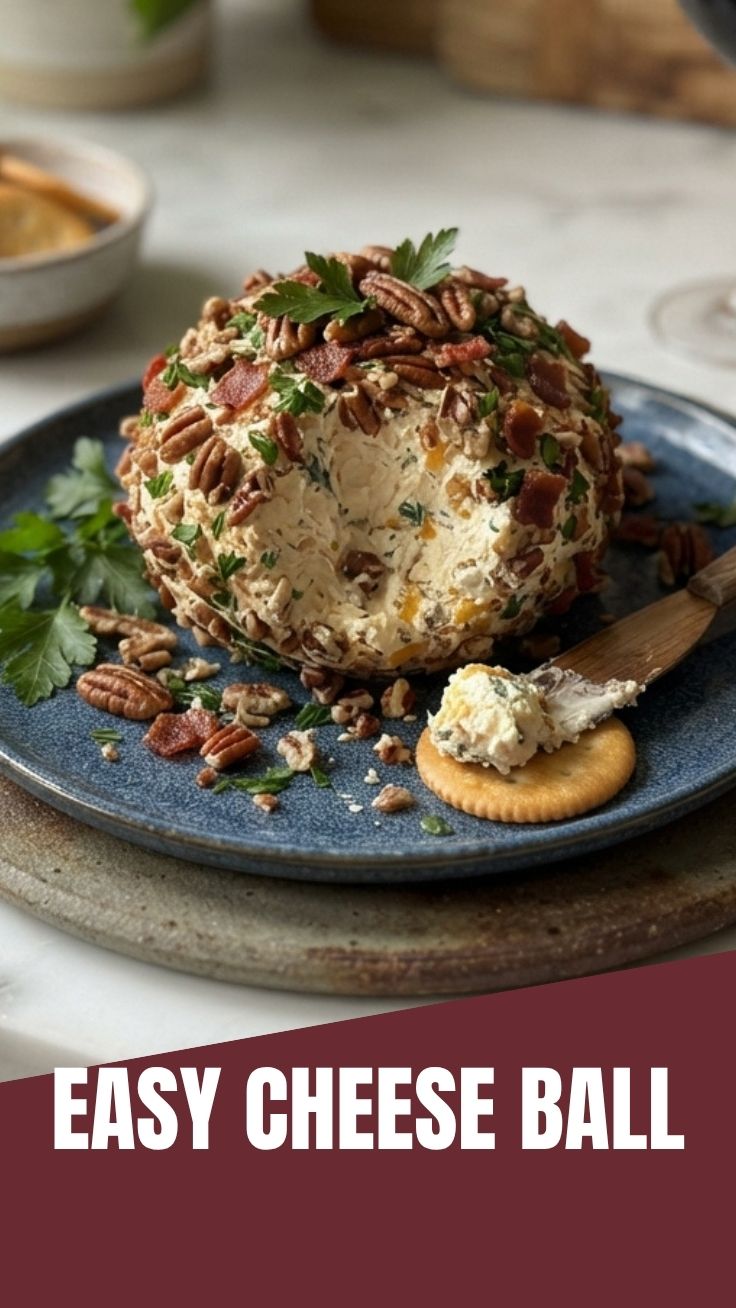 A delicious cheese ball, perfectly shaped for a gathering