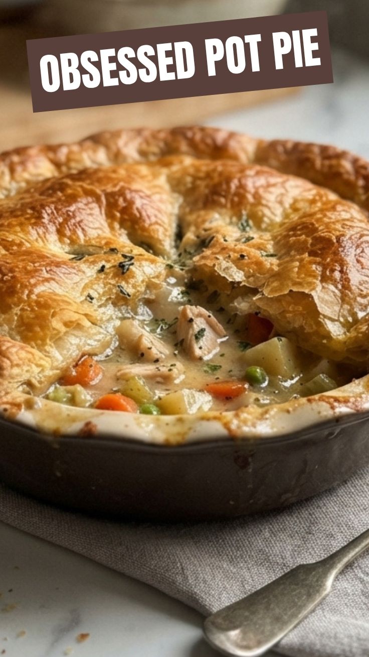 A freshly baked chicken pot pie with a golden, flaky crust