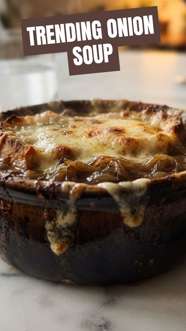 A bowl of traditional French onion soup with melted cheese on top
