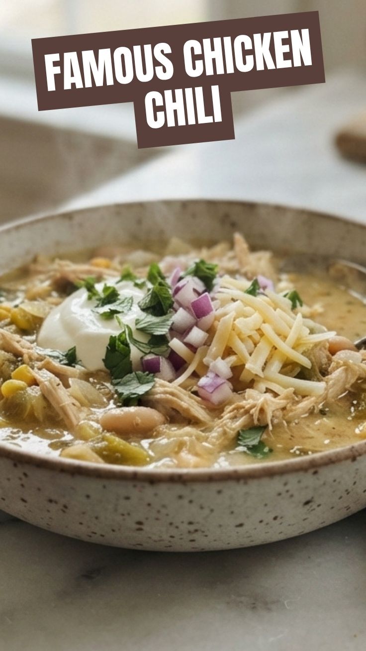A bowl of savory white chicken chili with a creamy broth and shredded chicken.