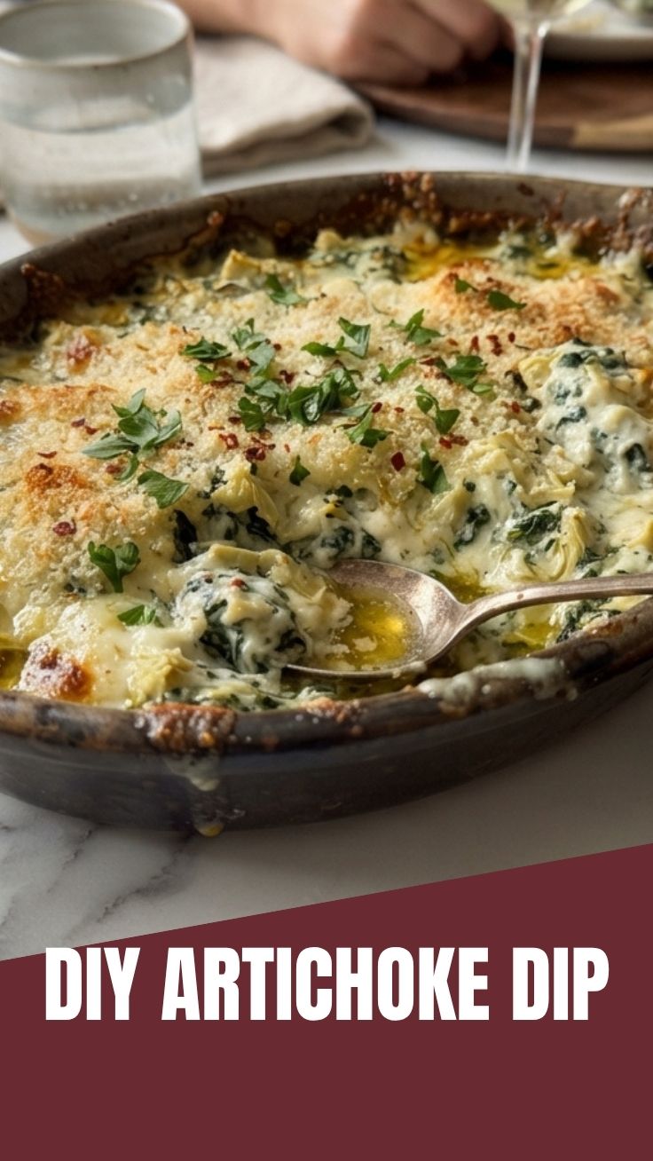 Warm spinach artichoke dip in a rustic bowl with crusty bread for dipping