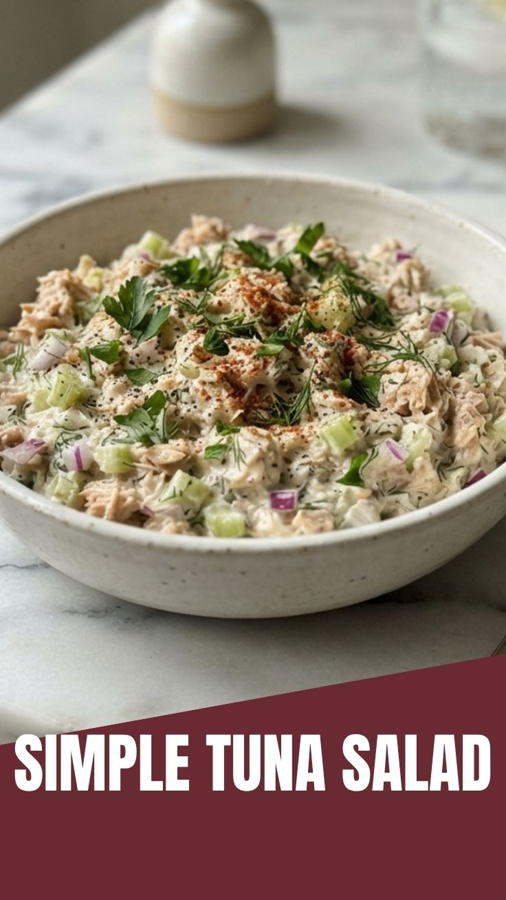 A bowl of fresh tuna salad with celery and mayonnaise